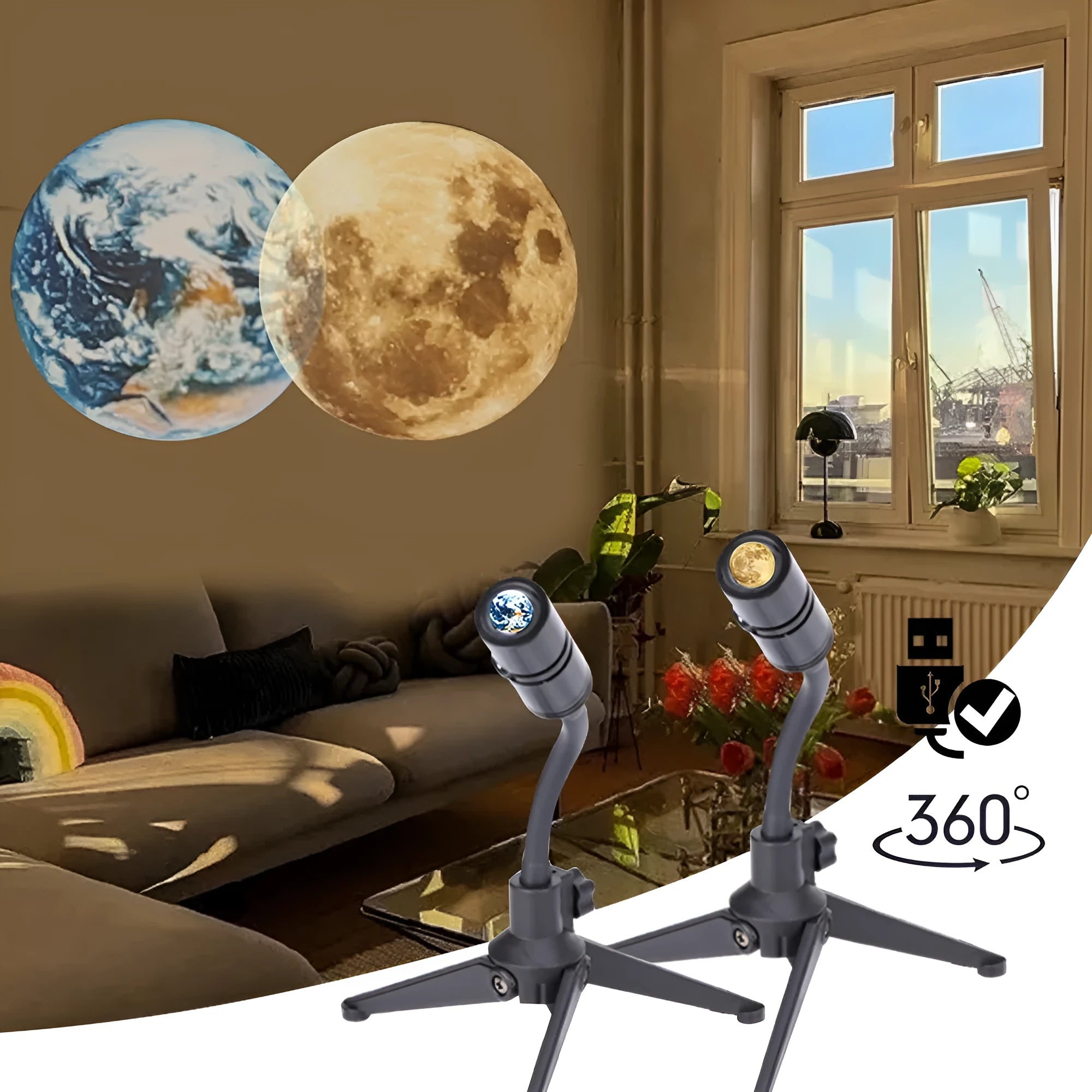 White ABS projection lamp with adjustable hose bracket projecting an image of the earth onto a wall.