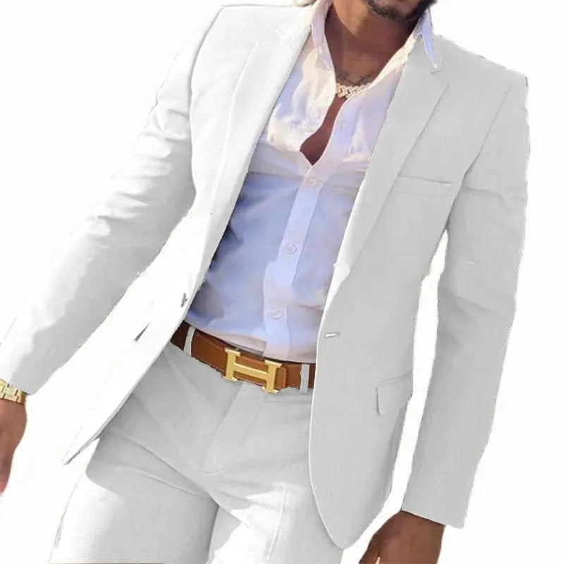 Men's multicolour cotton banquet suit jacket and trousers on a hanger