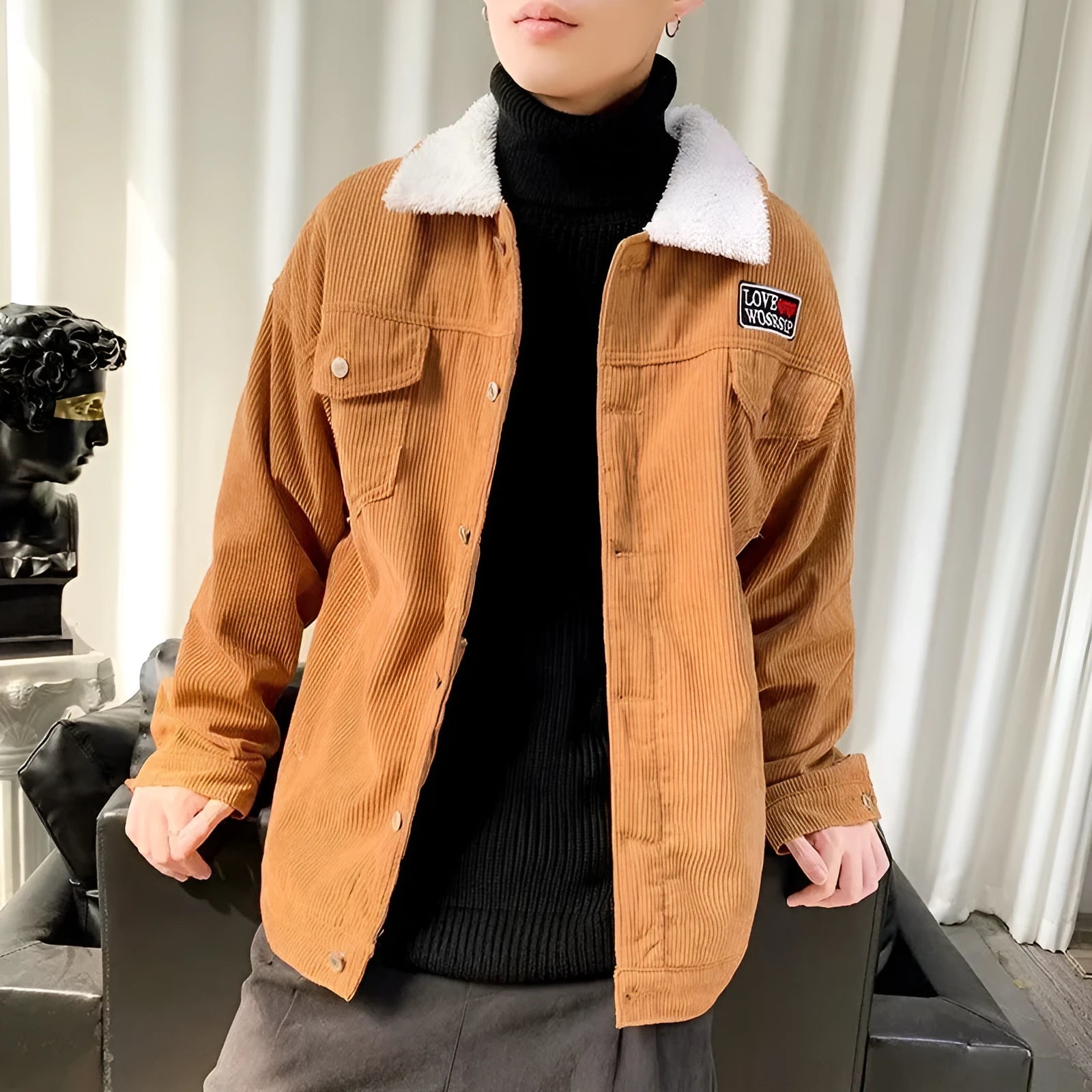 Mens khaki corduroy loose fit workwear jacket with stick pockets