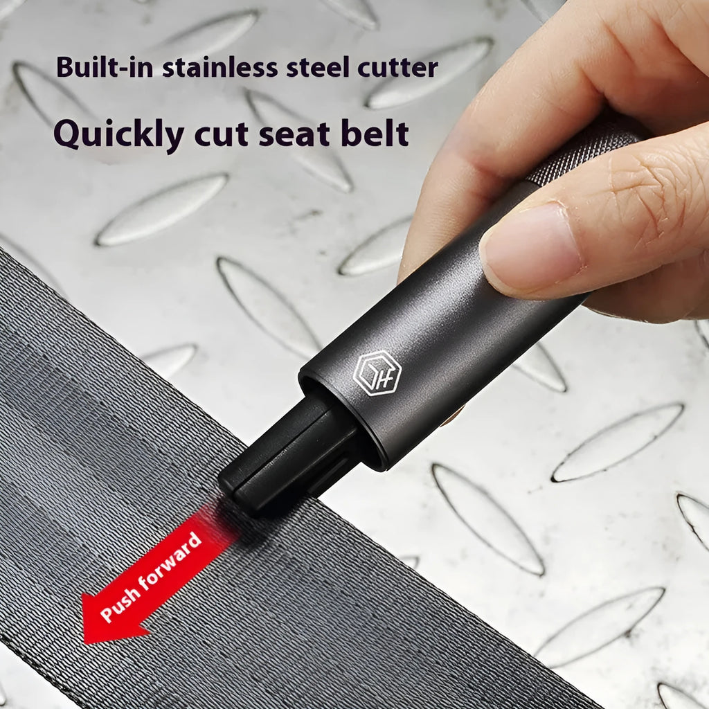 Gun grey automobile safety hammer with window breaker and seatbelt cutter on 3M rubber mounting base
