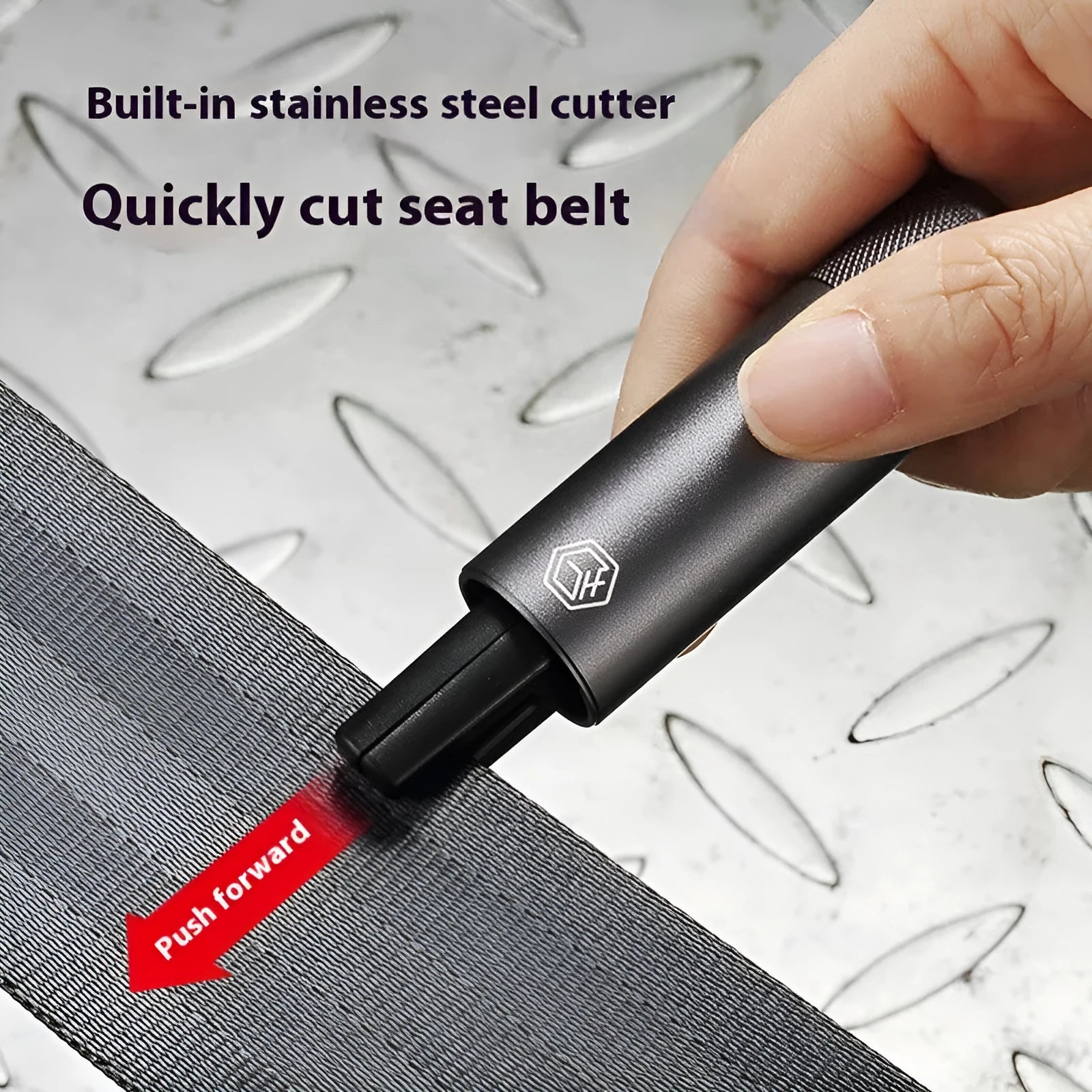 Gun grey automobile safety hammer with window breaker and seatbelt cutter on 3M rubber mounting base