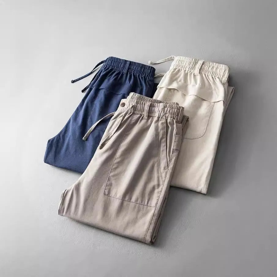 Men's linen casual trousers in solid colours with mid-waist design