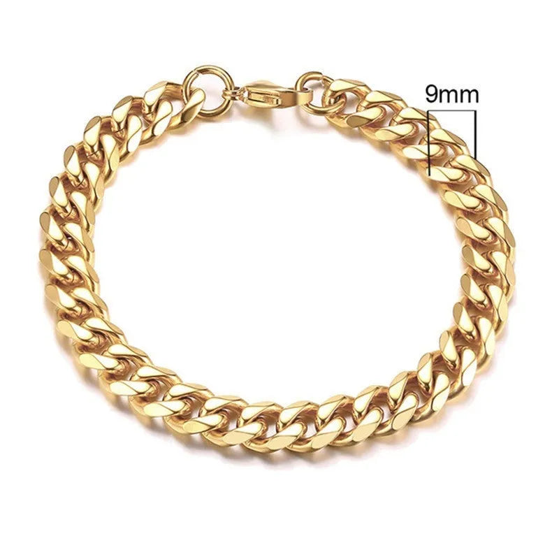 Six-sided gold Cuban link chain bracelet with geometric metal links available in multiple widths