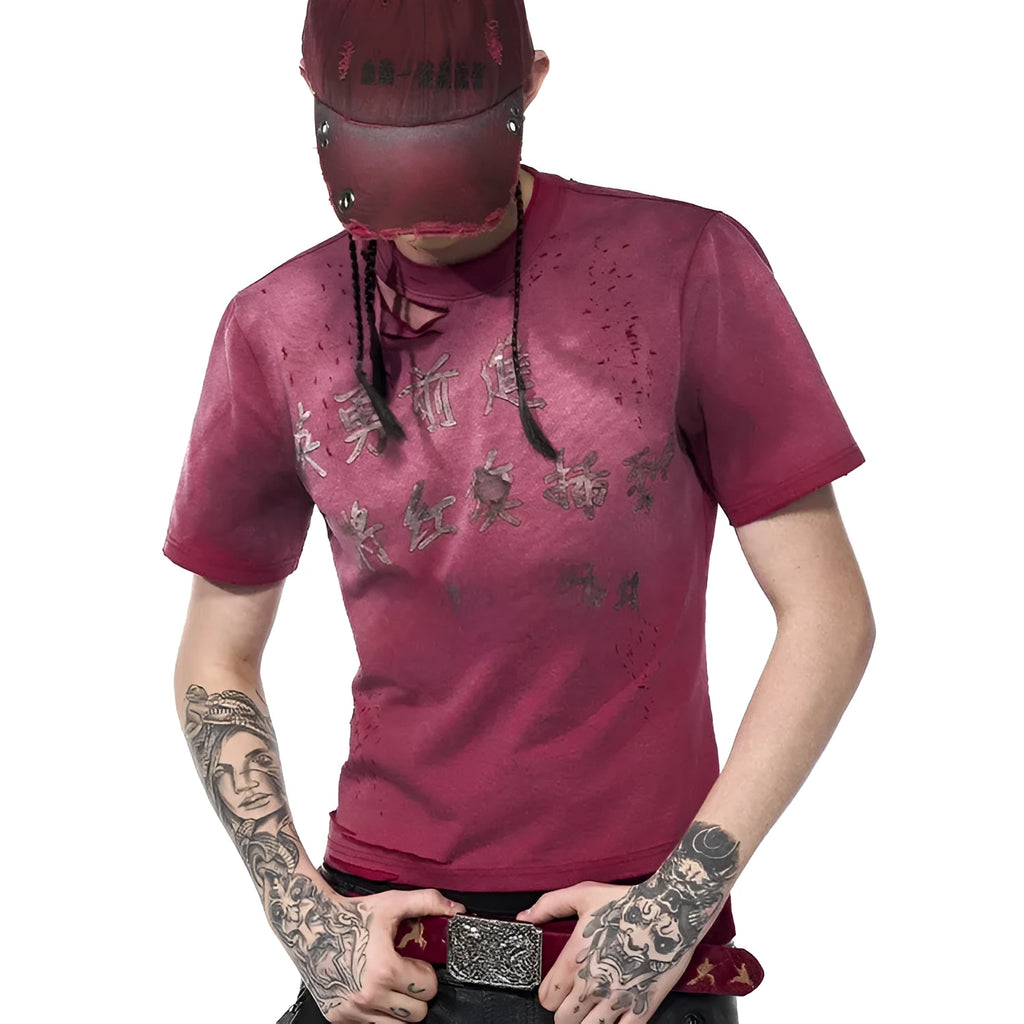 Men's slim-fit distressed red T-shirt with round neck collar and short sleeves on white background