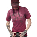 Men's slim-fit distressed red T-shirt with round neck collar and short sleeves on white background