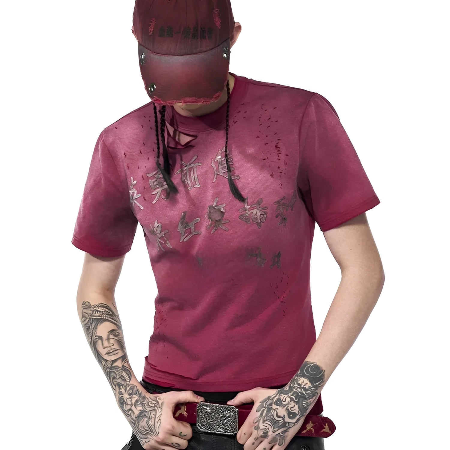 Men's slim-fit distressed red T-shirt with round neck collar and short sleeves on white background