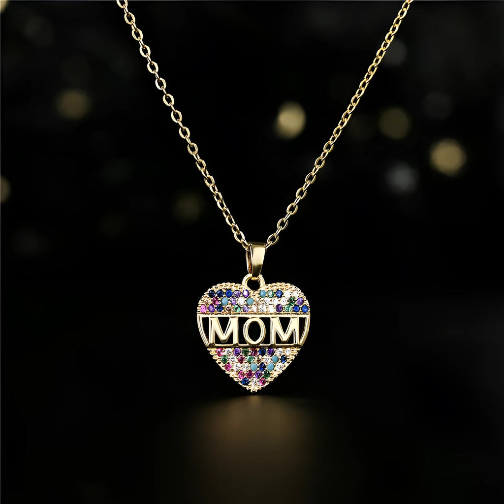 Copper MOM heart pendant necklace with micro inlay on adjustable chain