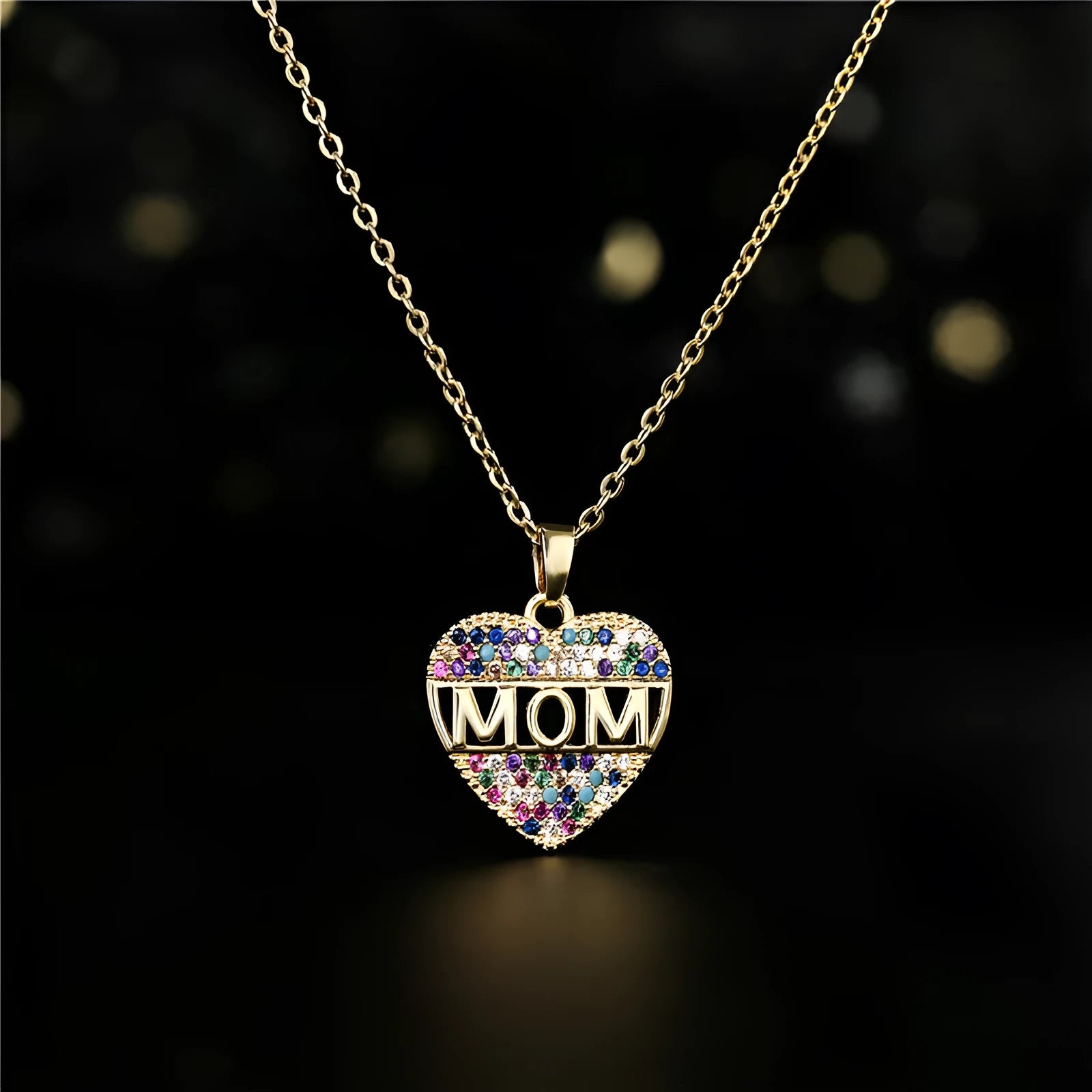 Copper MOM heart pendant necklace with micro inlay on adjustable chain