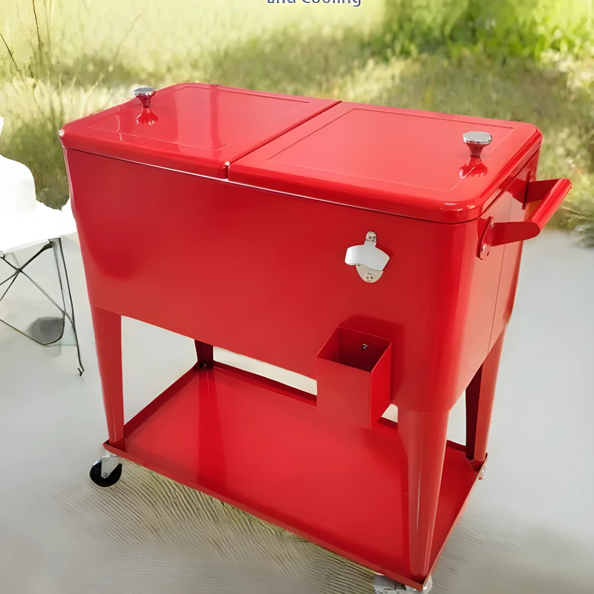 Red outdoor metal insulated cart with ice bucket functionality and 750ml capacity