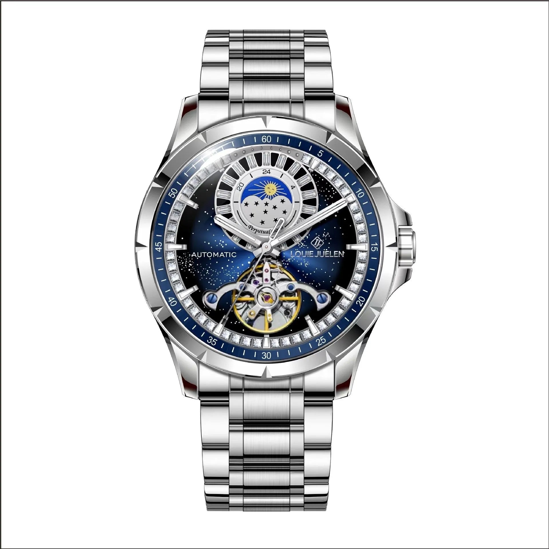 Men's silver automatic waterproof watch with blue dial and stainless steel strap