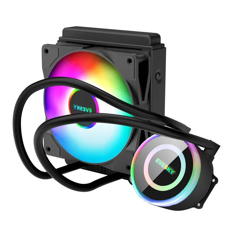 Aluminium CPU liquid cooling radiator with fan, available in 120mm, 240mm, and 360mm sizes with RGB lighting options.