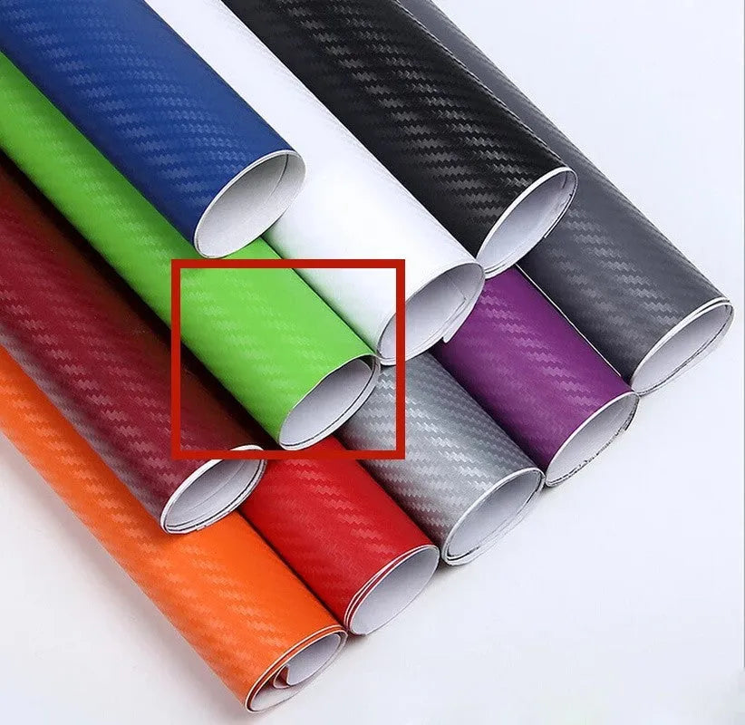 3D carbon fibre sticker roll for car decoration in eight colour options showing textured material