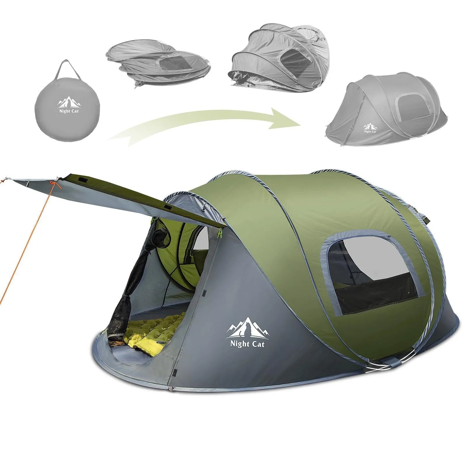 Dark green automatic pop-up camping tent for 2 people with waterproof rainfly