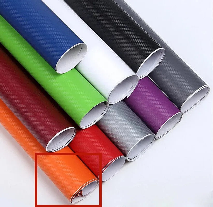 3D carbon fibre sticker roll for car decoration in eight colour options showing textured material
