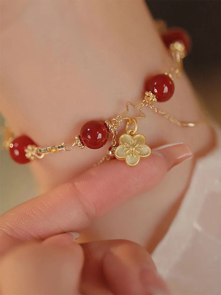 Natural red agate double layer bracelet with floral peach blossom design for women