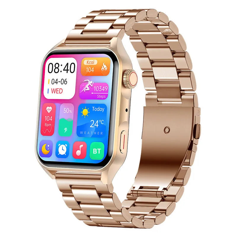 Smart watch with AMOLED display and silicone strap showing multiple watch face designs
