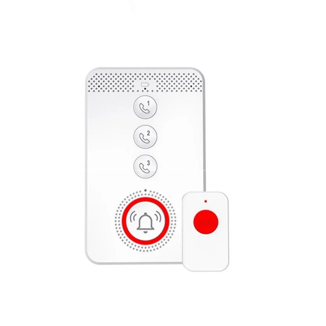 White one-click voice emergency alert device with buzzer and three wireless call buttons.