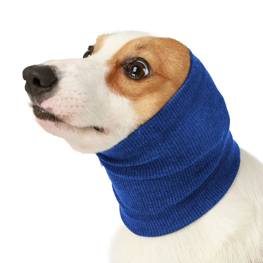 Blue or grey polyester dog comforter headband scarf shown in small, medium, and large sizes