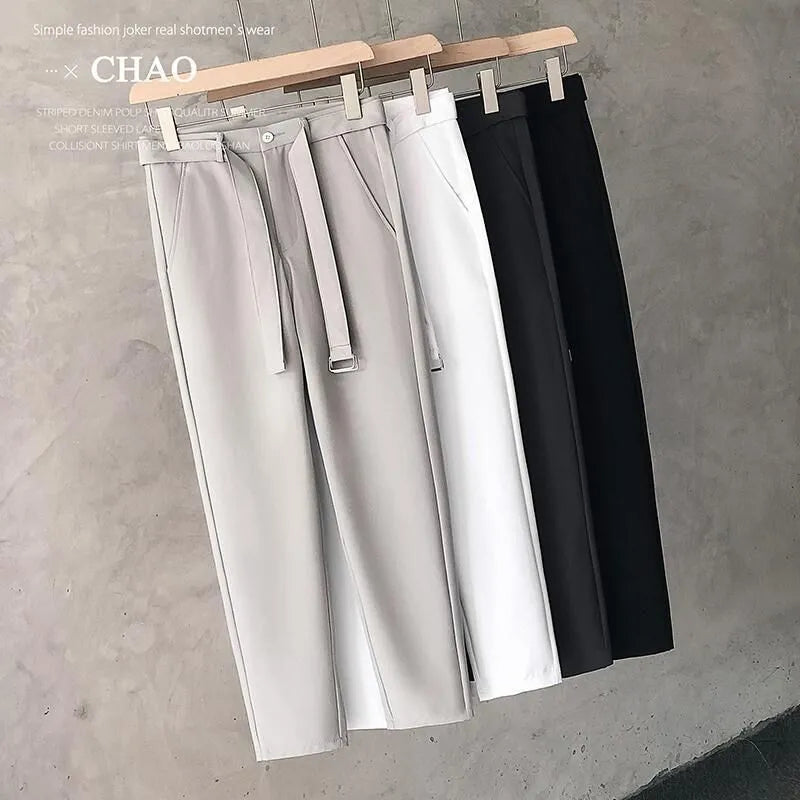 Boys slim straight wool trousers with tapered cut in black, white, dark grey, or light grey