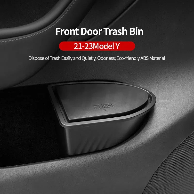 Black ABS plastic car door storage bin and trash can designed for Tesla Model Y front seats.