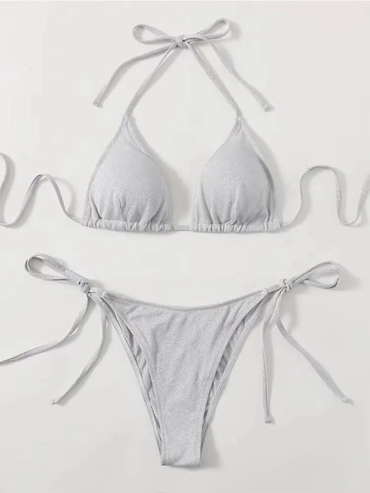 Women's split bandage style bikini swimsuit in polyester, shown in one of six available colours.