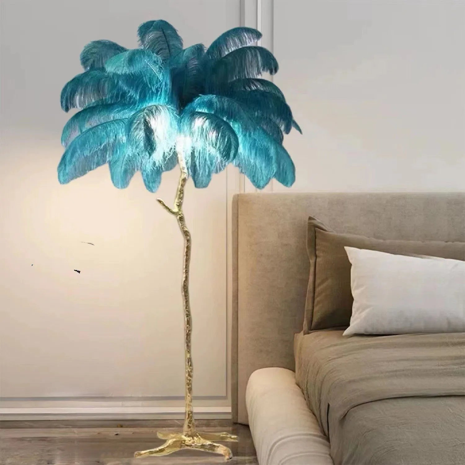 Decorative resin feather floor lamp with 32 feathers in white, pink, or dark green colours
