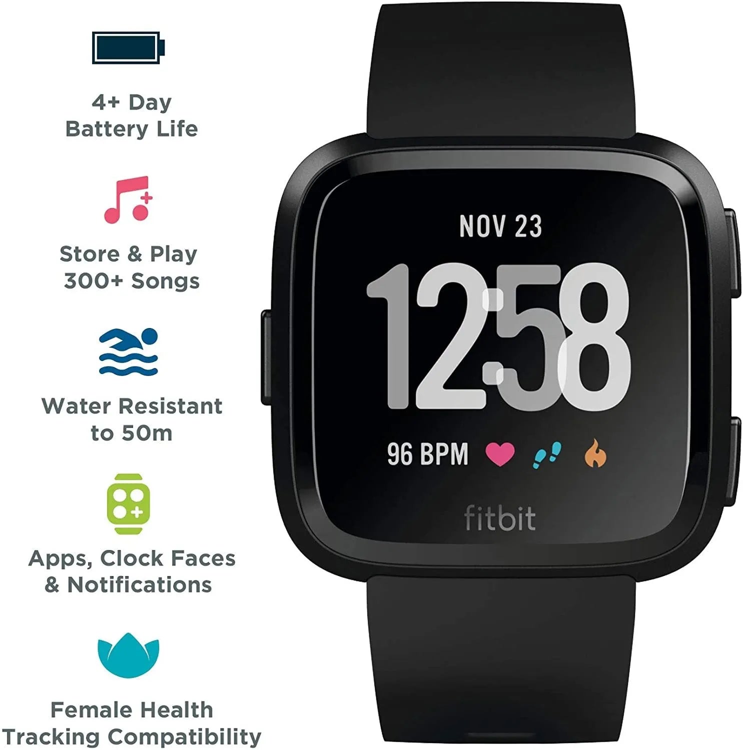 Black waterproof smart watch with heart rate monitoring and sleep tracking on silicone wrist strap