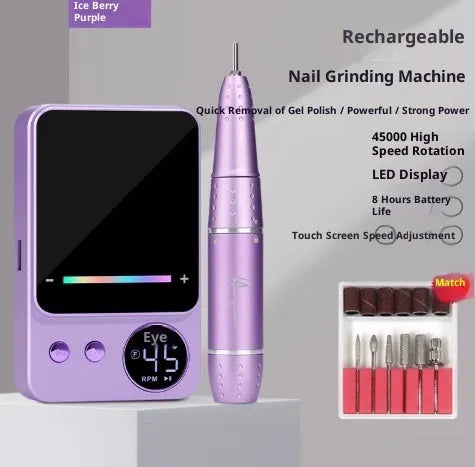Rechargeable electric nail polishing machine in purple with USB charging cord