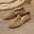 Handmade men's low-top casual shoes in khaki and grey with wedge heel and rubber sole