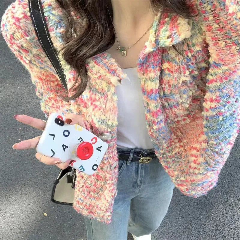 Gentle Idle Style Knitted Rainbow Sweater cardigan in pink or green colour with toothbrush hair fabric