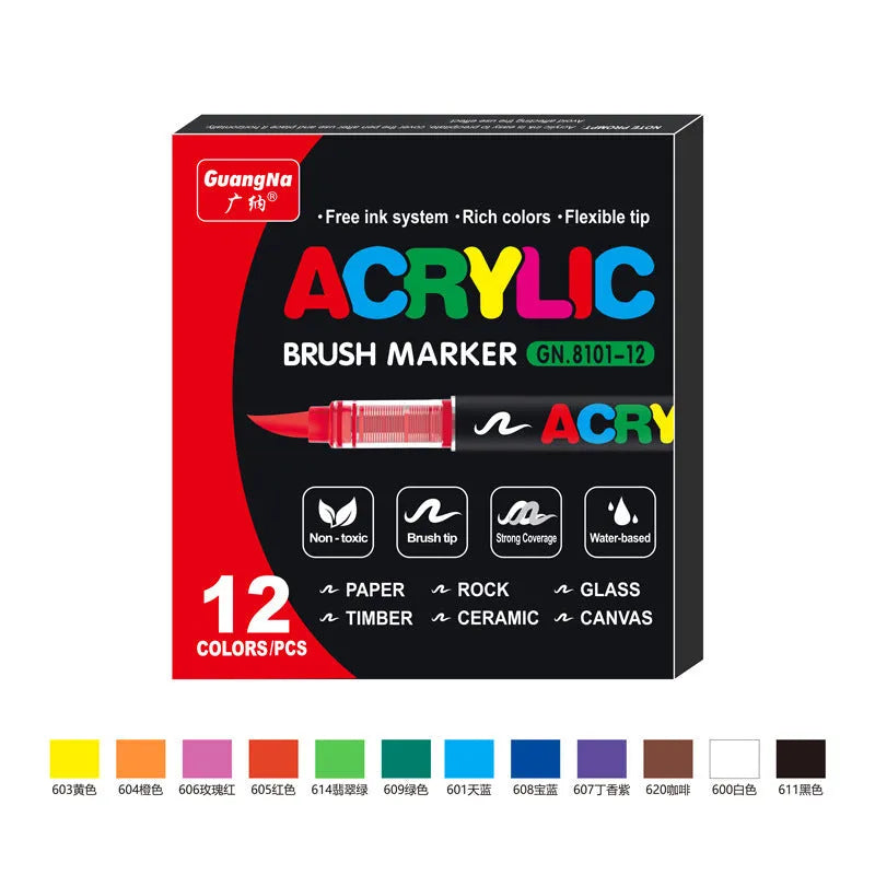 Set of straight liquid acrylic marker pens with soft flexible tips in multiple colour options