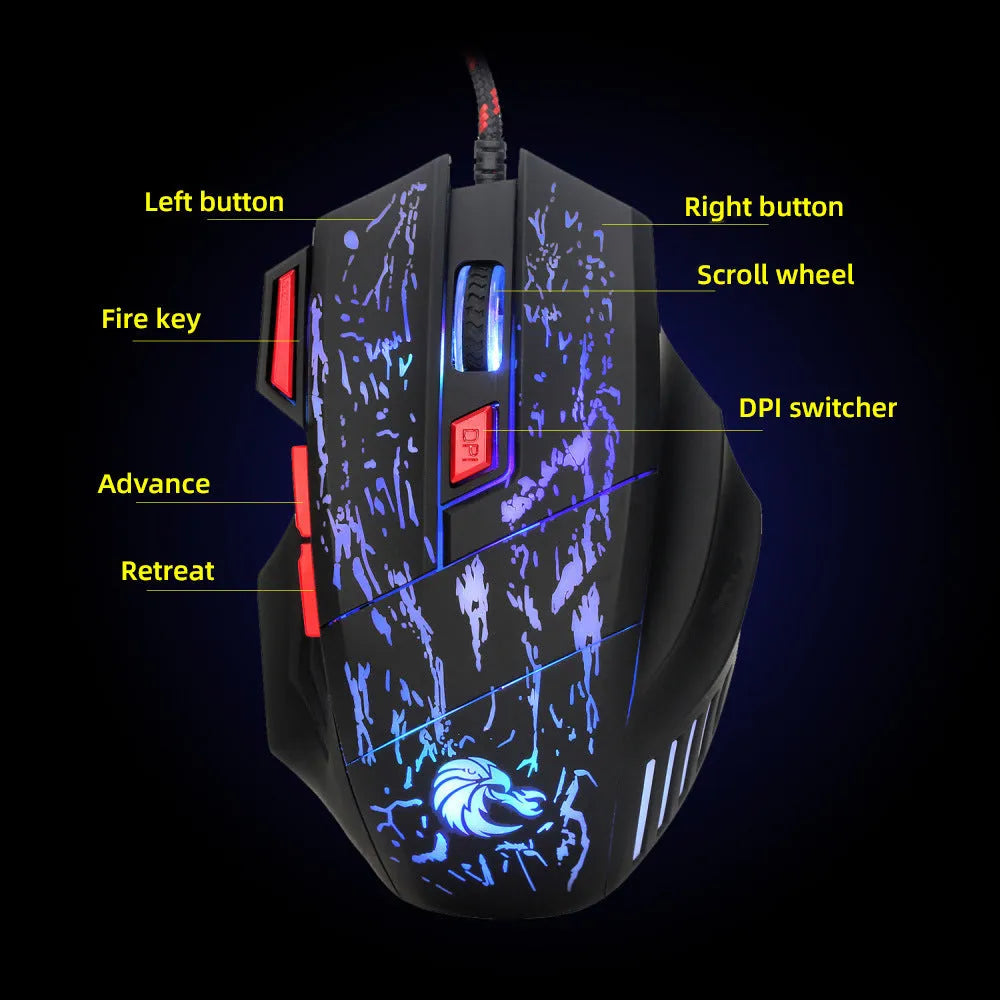Colourful RGB gaming mouse with ergonomic design and USB cable for desktop gaming