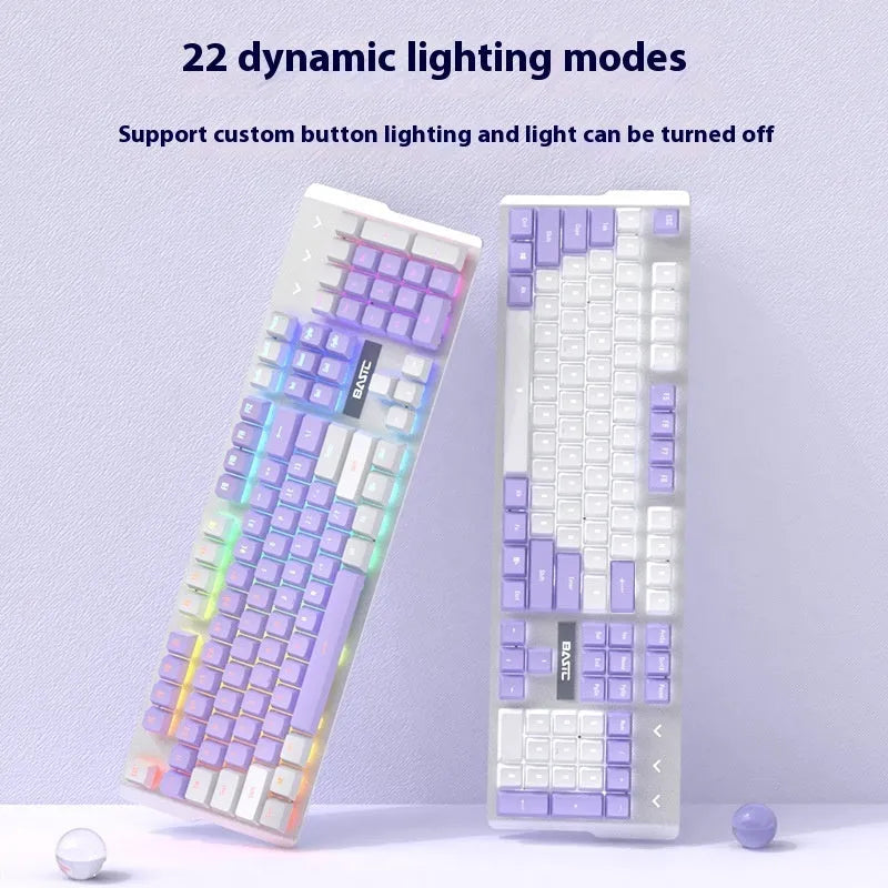 Purple and white wired mechanical keyboard and mouse set with backlight illumination