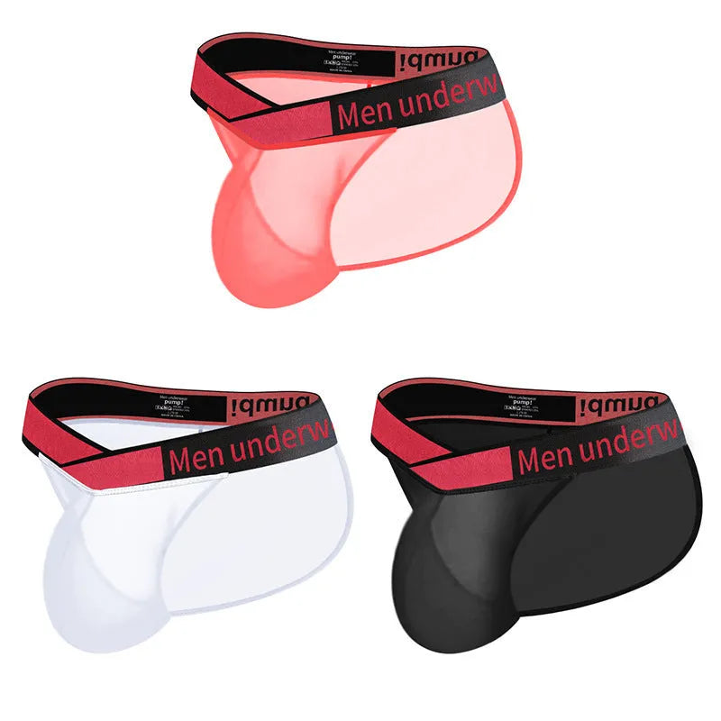 Men's transparent ice silk briefs showing large V gradient high cut design in red colour