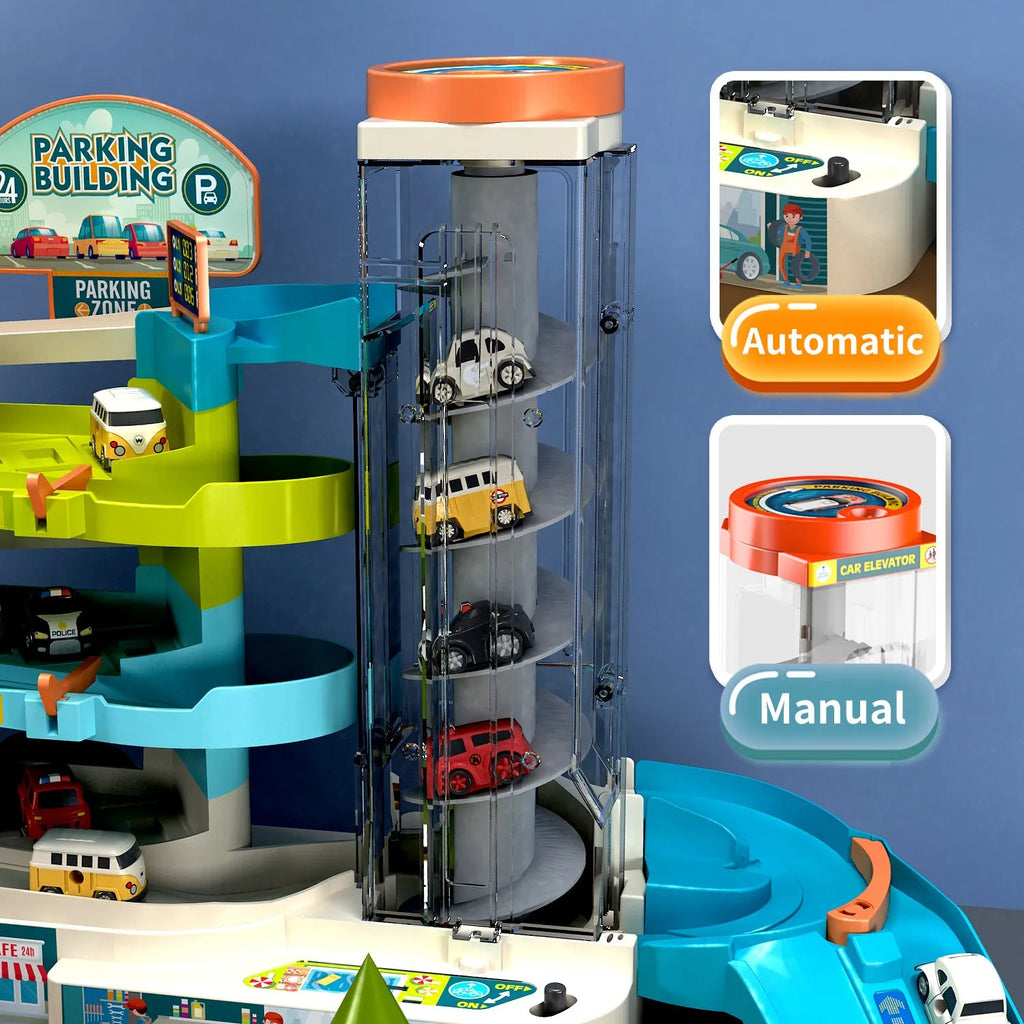 Children's adventure steering wheel car building set with 4 cars and urban traffic rail medium English version