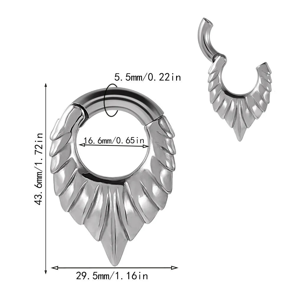 Stainless steel drop-shaped auricle ear extender with totem design for stretched earlobes.