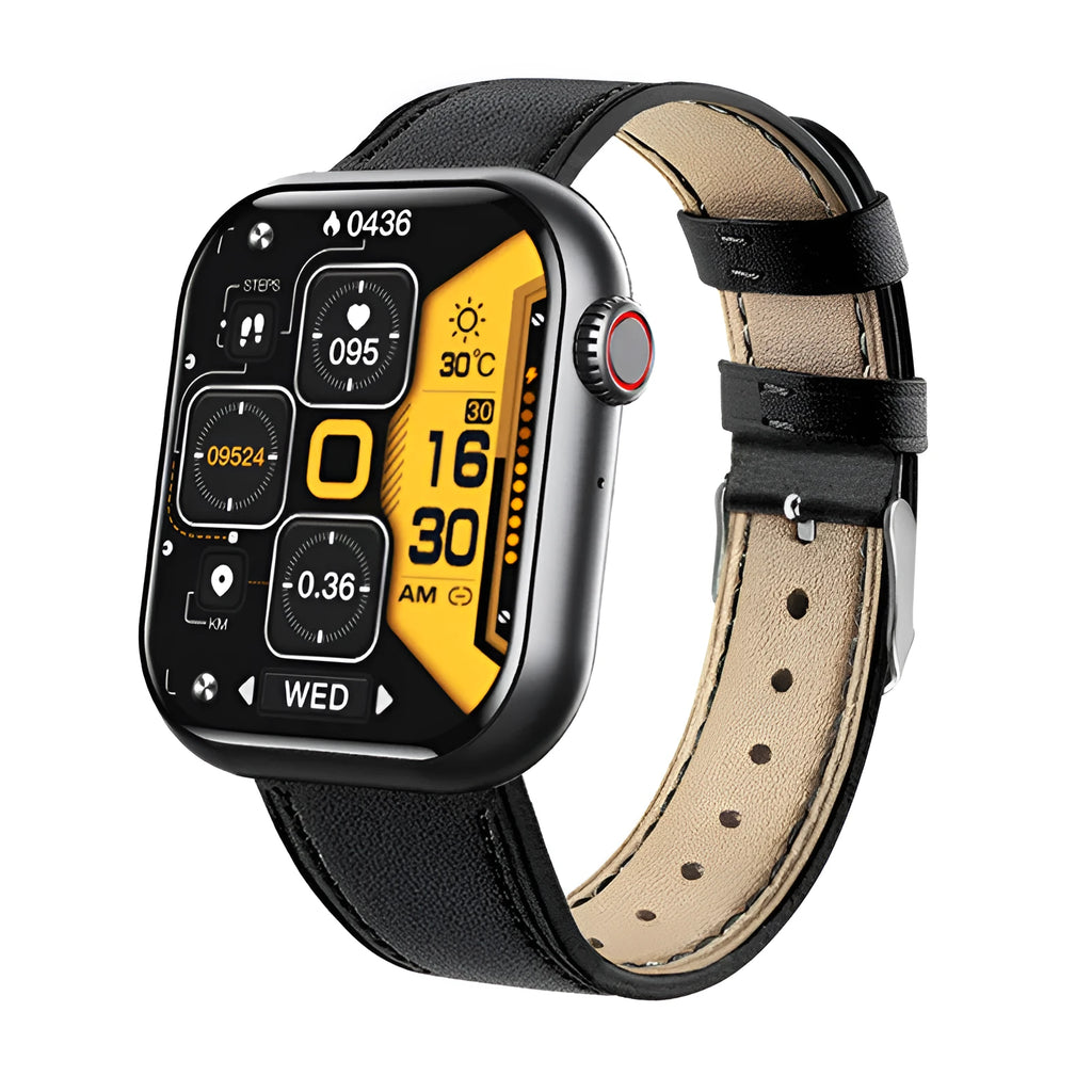 Smart watch with Bluetooth calling heart rate body temperature sensors on wrist display showing health data