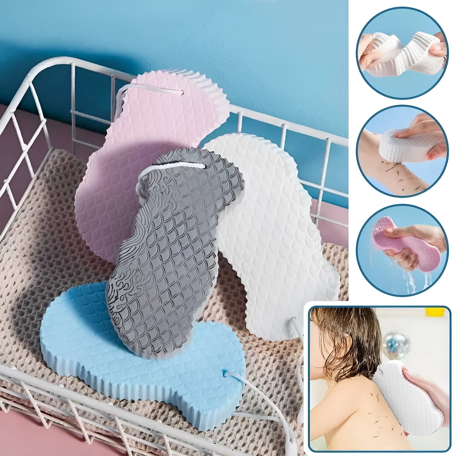 3D fish scale pattern bath sponge ball in assorted colours on a bathroom background.