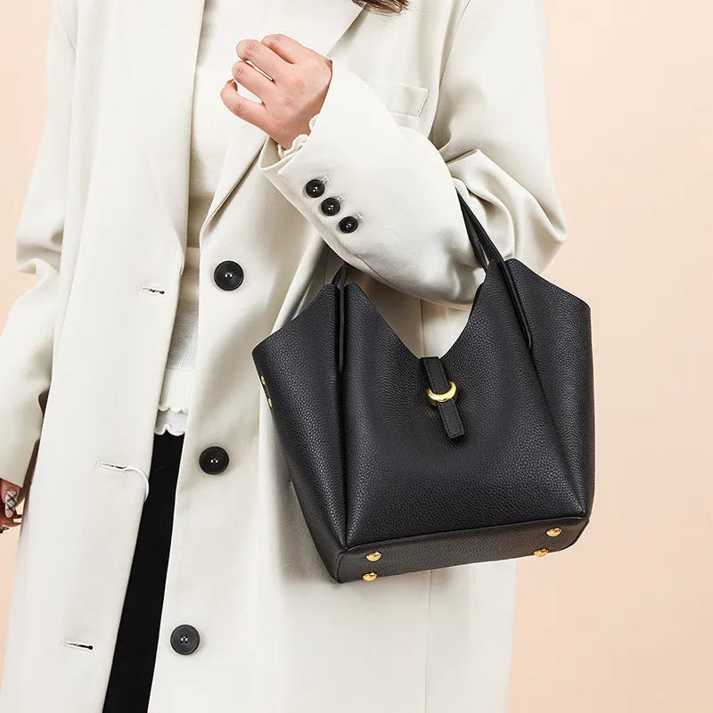Genuine leather women's bucket bag in retro style with large capacity and file organiser