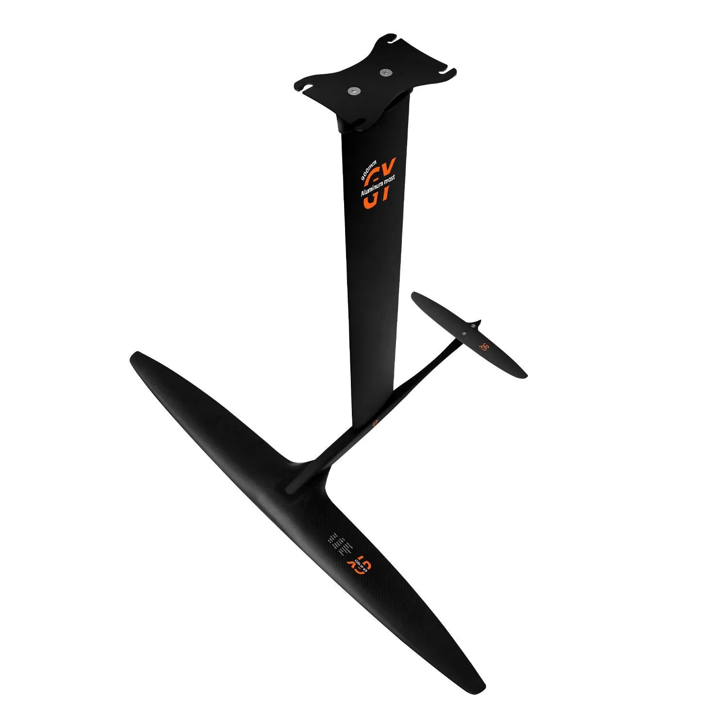 Black carbon fibre racing hydrofoil board with aluminium alloy construction and 1051mm front wing