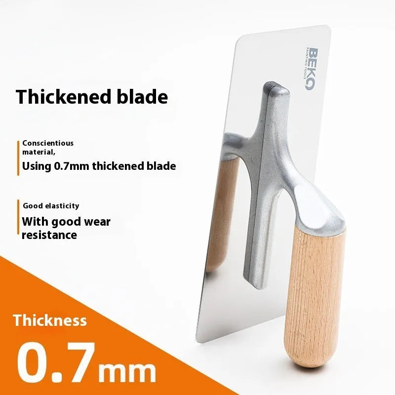 Stainless steel putty scraper with wooden handle showing three blade size options for floor and wall application