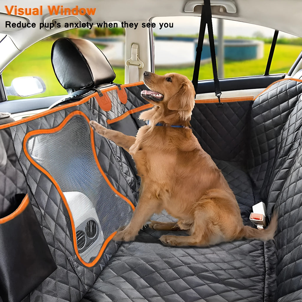 Black waterproof pet car seat cover with orange edging, shown as a hammock with mesh window