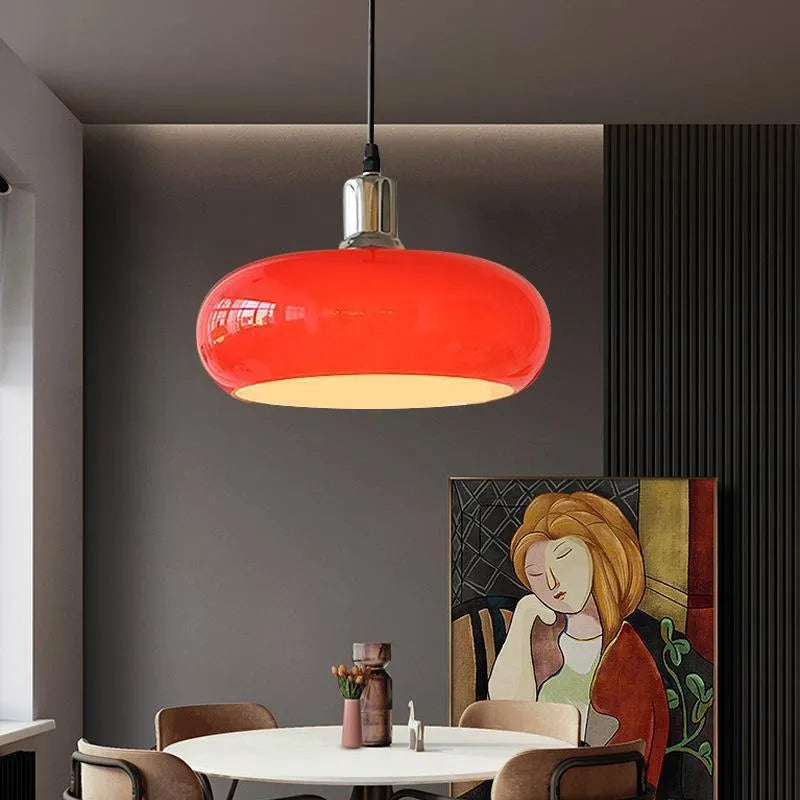 Bauhaus style three headed egg tart pendant light with glass shades in milky white finish