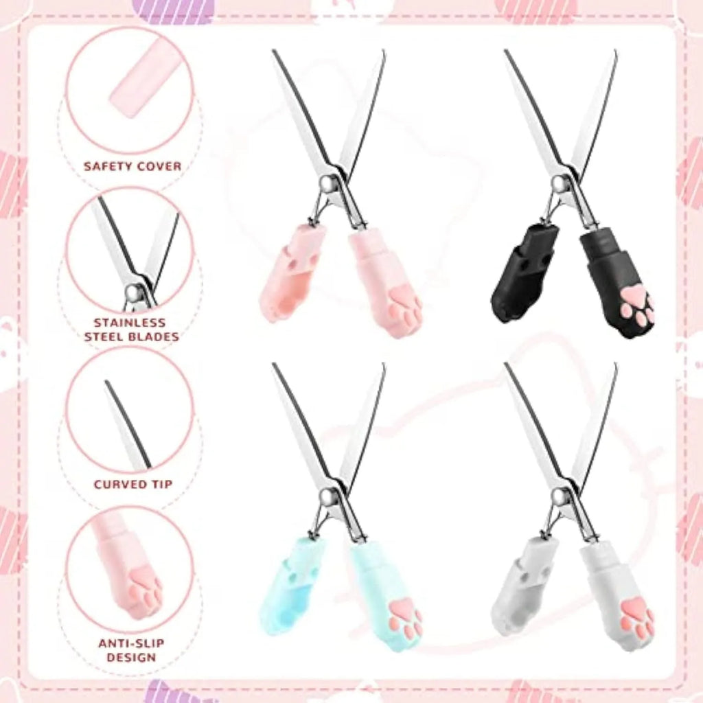 Closed cat paw mini folding scissors showing stainless steel blades and coloured handles.