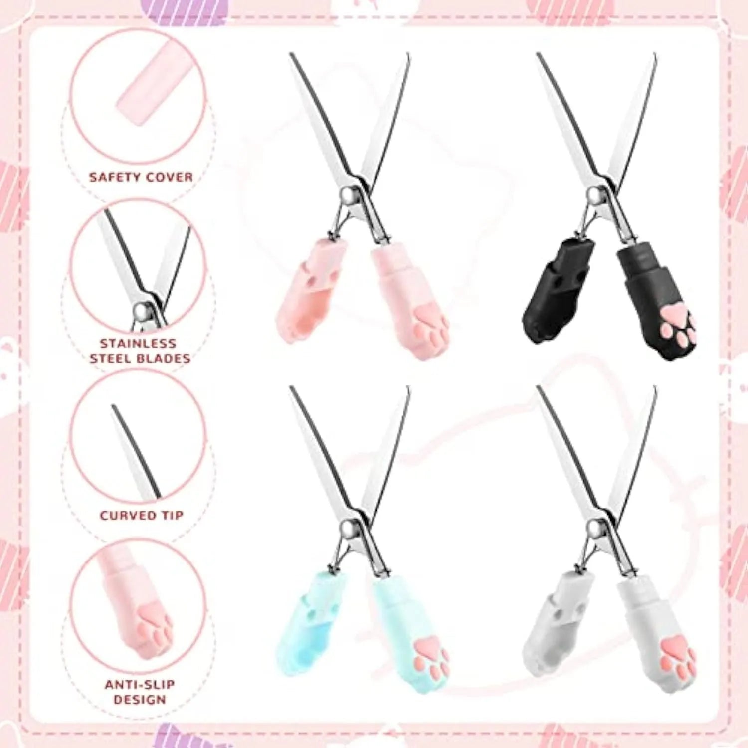 Closed cat paw mini folding scissors showing stainless steel blades and coloured handles.