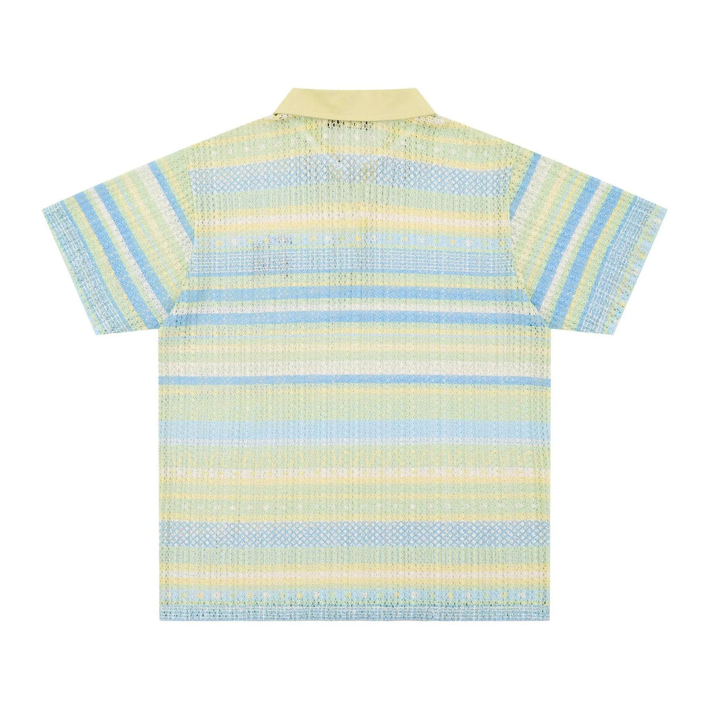 Men's blue printed short sleeve shirt with elastic polyester fabric in loose casual fit