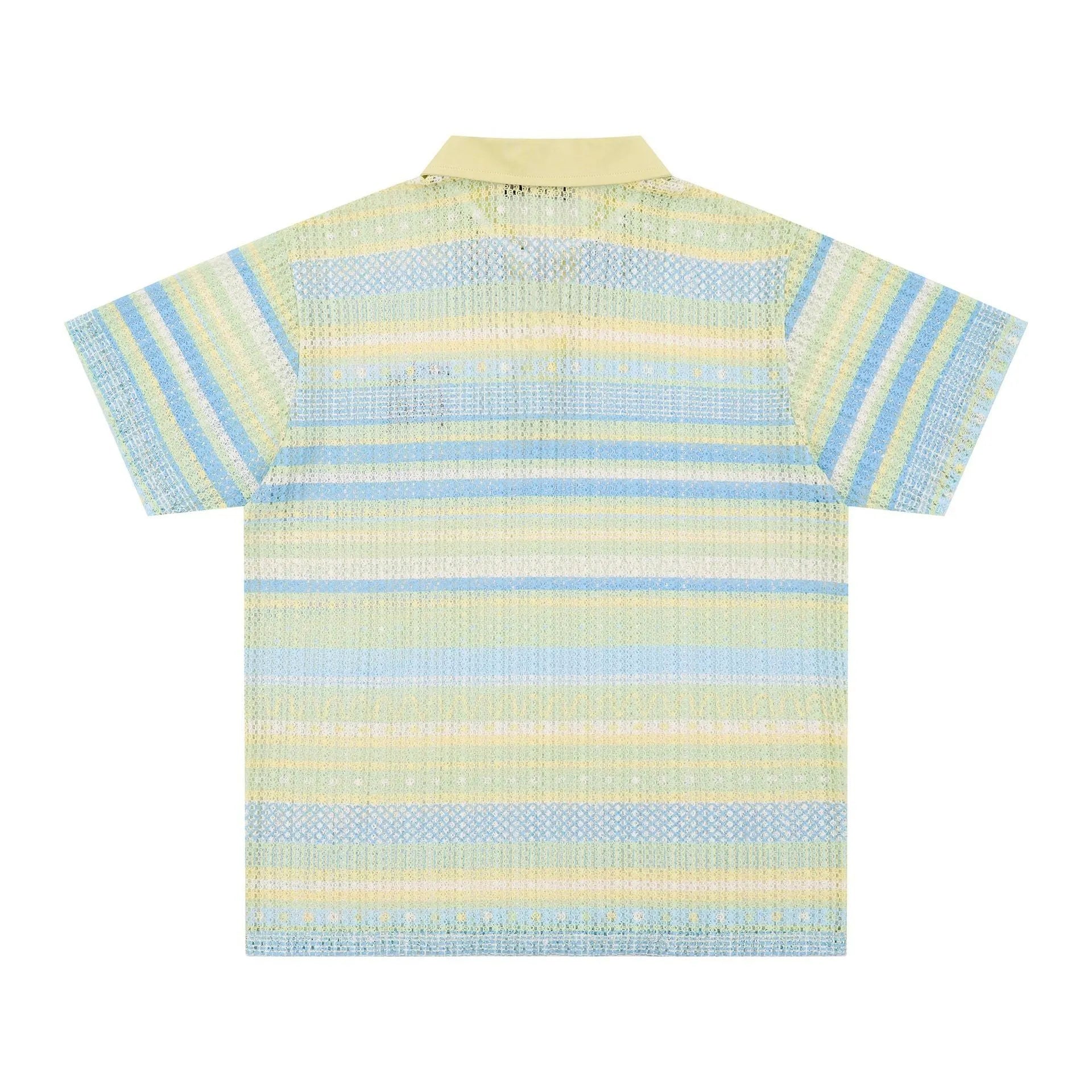 Men's blue printed short sleeve shirt with elastic polyester fabric in loose casual fit