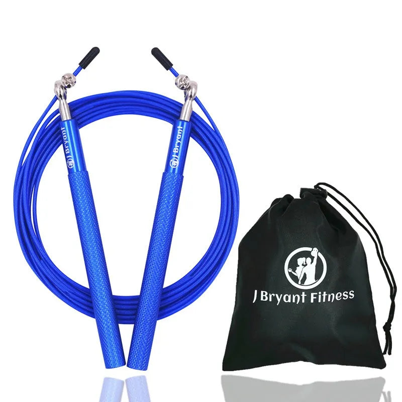 Crossfit speed jump rope with aluminum handle, wire cable, spare cable, and carrying bag in black