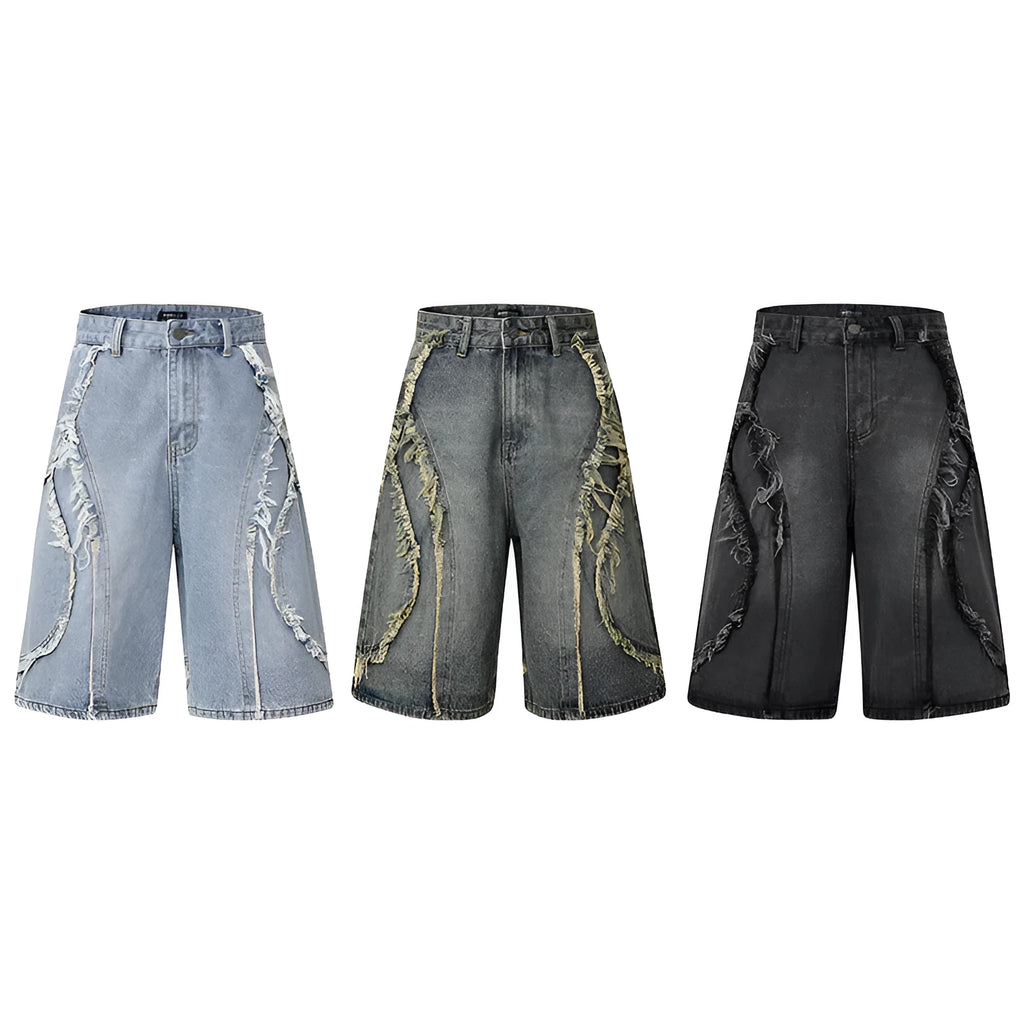 Men's distressed raw edge denim shorts in straight leg cropped style, shown in black