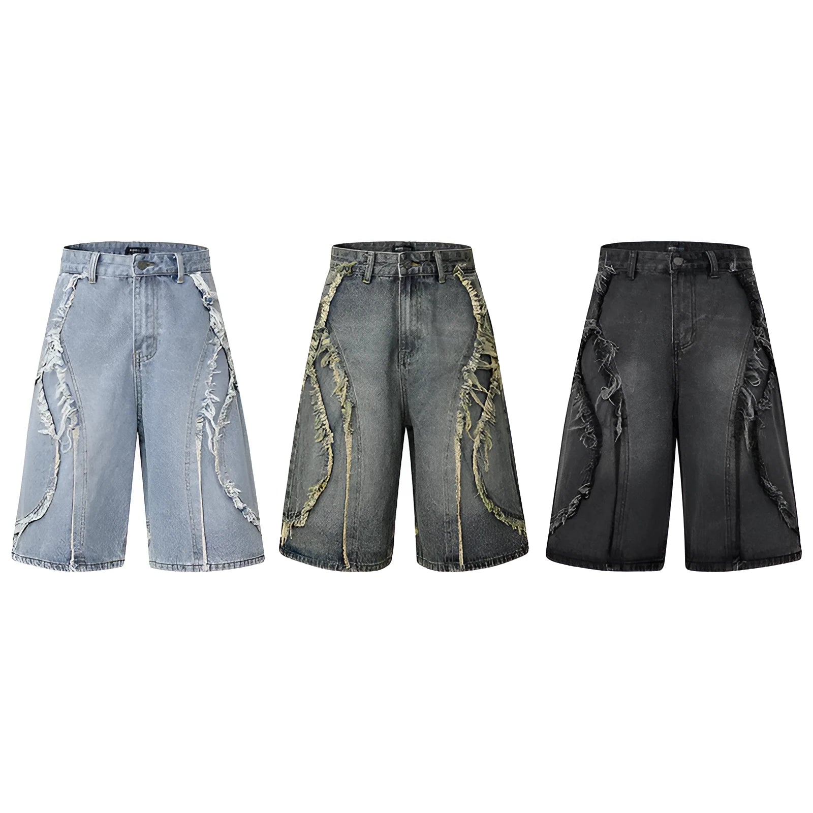 Men's distressed raw edge denim shorts in straight leg cropped style, shown in black